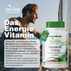 fairvital, Vitamin B5 500 mg, 90 Tablets, Swallow-friendly, Calcium D-pantothenate, Quality-Tested and High Dosage, 100% Vegan, Made in Germany