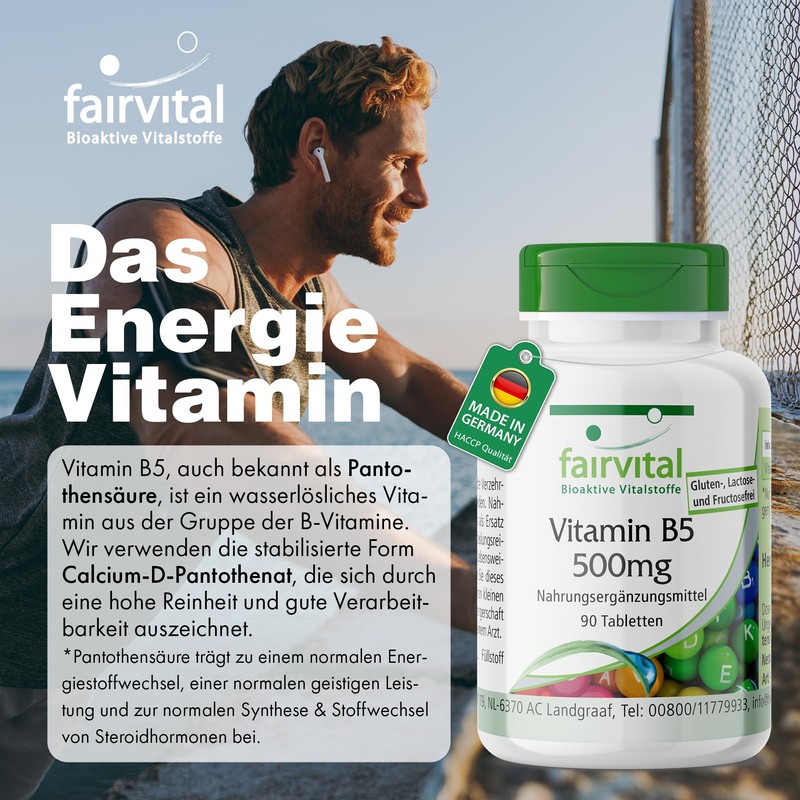 fairvital, Vitamin B5 500 mg, 90 Tablets, Swallow-friendly, Calcium D-pantothenate,