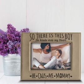BELLA BUSTA- So There is This Boy he Kinda Stole my Heart,He Calls me Mommy-Mommy and Me-Mother's Day Gift-Mother and Son-Engraved Leather Picture Frame (5 x 7 Horizontal)
