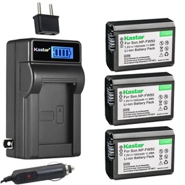 Kastar 3-Pack NP-FW50 Battery and LCD AC Charger Compatible with Sony Alpha 7S II, α7S II, a7S II, ILCE-QX1, ILCE-QX1L, NEX-3, NEX-3N, NEX-5, NEX-5N, NEX-5R, NEX-5T, NEX-6 Cameras
