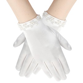 loghohu White Gloves Women, White Gloves Fashion Elegant 1920s Pearl Short Princess Satin Glove for Wedding Bridal Tea Party Opera Dinner Party