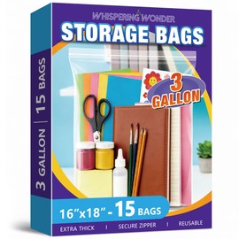3 Gallon Zippered Plastic Storage Bags, 16" x 18" Clear Reusable Bags, 2-Mil Thick, For Clothes, Travel, Moving & Organizing, 15 Packs