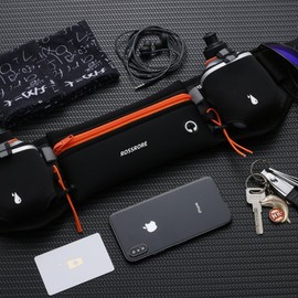 ROSSRORE Unisex Running Hydration Belt with 2x6oz Water Bottles - No Bounce Design, Waterproof Waist Pack for Phone, Reflective Gear for Runners, Cyclists, Hiking (Orange)