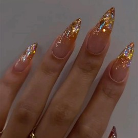 MISUD Press on Nails Long Stiletto Fake Nails Glossy Glue on Nails Orange Ombre Acrylic Nails Almond Artificial Nails Bling Gold Glitter Stick on False Nails with Rhinestone Design 24pcs
