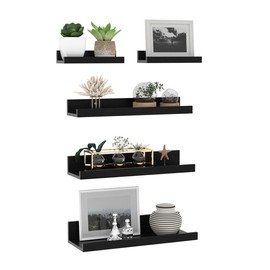 Large Floating Shelves for Wall Set of 5, Black Wood Wall Shelves for Bathroom, Bedroom, Kitchen, Living Room Storage, Wooden Picture Ledge - size: 16"