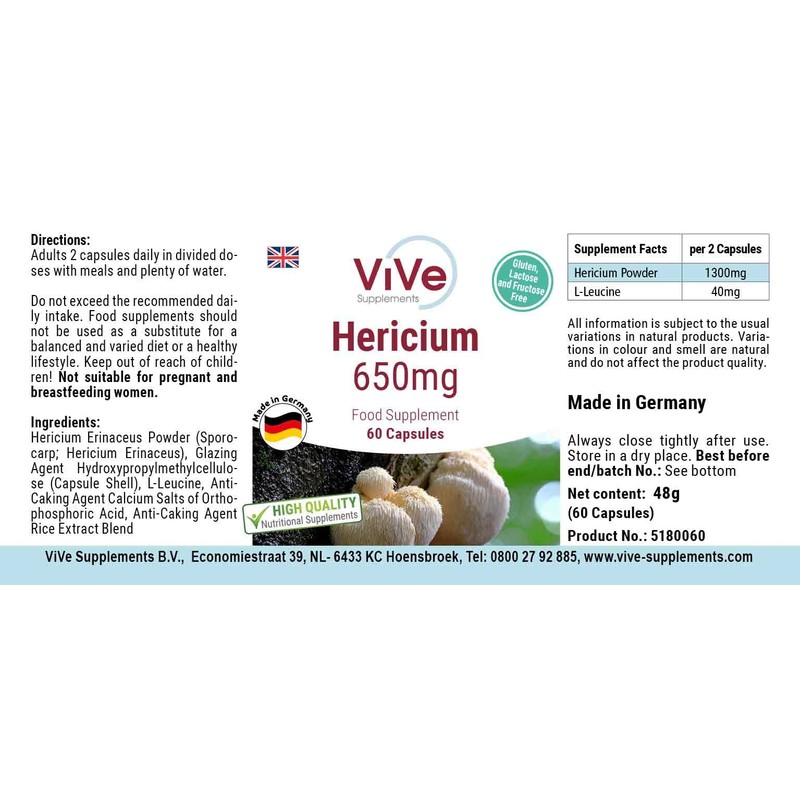 Hericium 650 mg – 60 Capsules Mushroom Powder – Vital