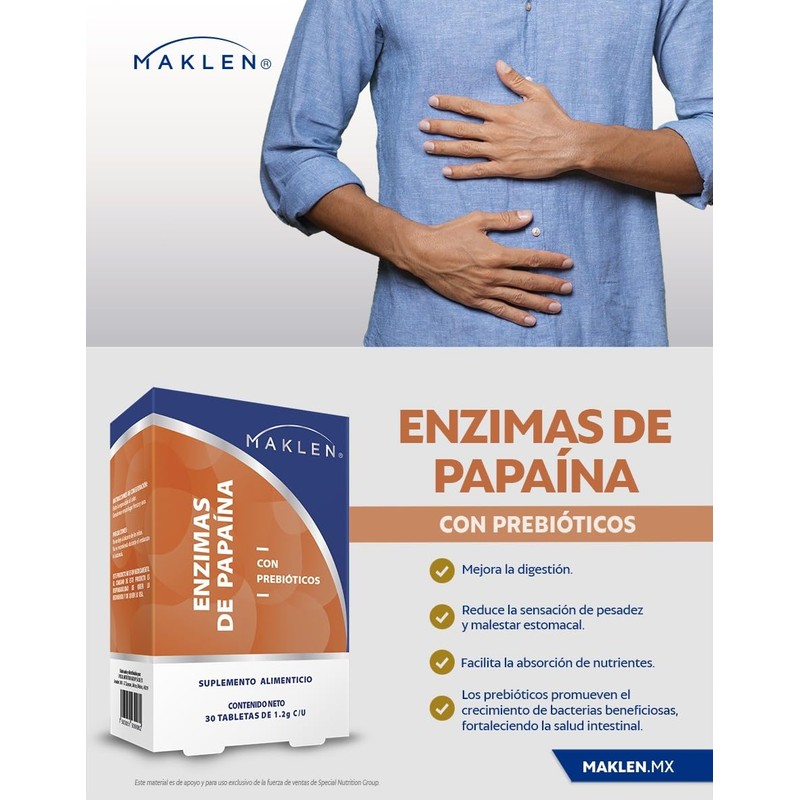 Maklen Enzimas de Papaya con Prebióticos, 30 Tabletas de 1,2g,