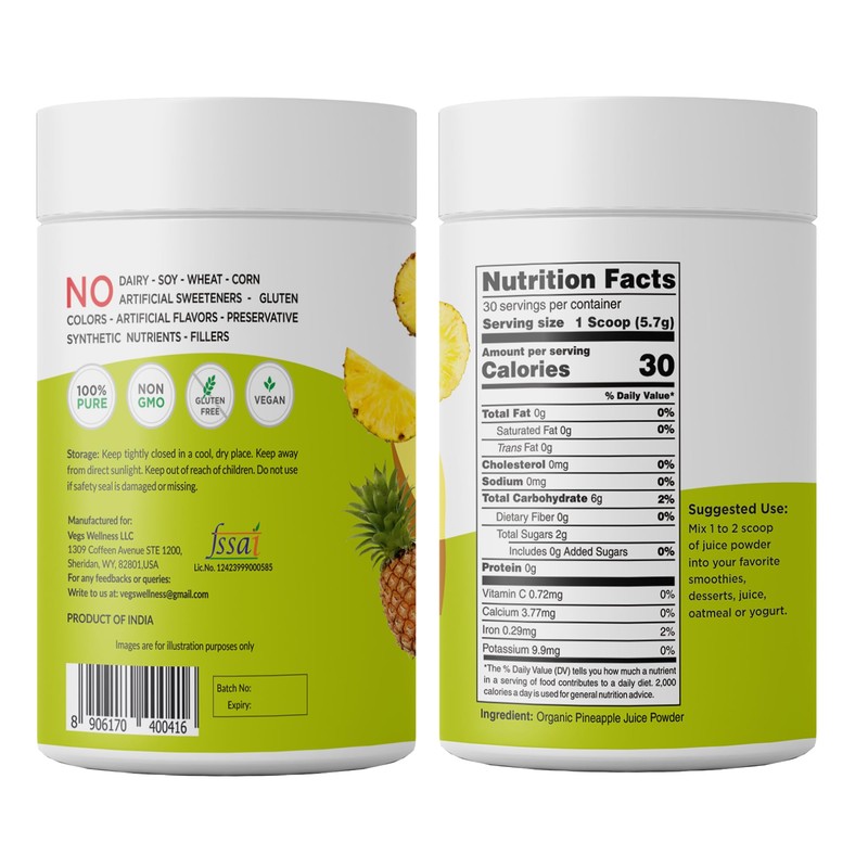 Vegs Pineapple Juice Powder - Freeze Dried Organic Pineapple Powder