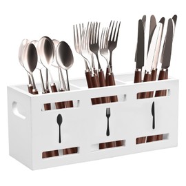 Kitchen Utensils Holder, Kitchen Cooking Utensil Organizer with 3 Compartment and Drainage Bottom,Wood Utensil Organizer for Counter, Farmhouse Cooking Tools Storage for Countertop, 25.5x8.7x11cm