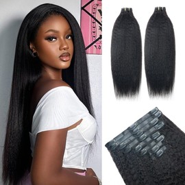 Pobokix Kinky Straight Clip in Hair Extensions Real Human Hair 2 Pack 240g Seamless Clip in Hair Extensions for Women Full Max with 16Pcs PU Skin Weft 18inch Natural Black