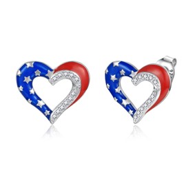 American Flag Heart Earrings - Sterling Silver Red White and Blue Patriotic Stud Hypoallergenic Jewelry Independence Day Gifts for Women (Stud)