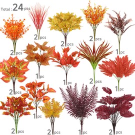 Alupssuc 24 Bundles Artificial Plants Outdoor, UV Resistant Fake Fall Ferns Stems Shrubs Faux Bushes Leaves Plastic for Indoor Outside Porch Garden Patio Window Office Entrance Bathroom Decor