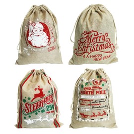 Christmas Sacks 30x40cm Medium Jute Linen Drawstring Christmas Bags Pack of 4