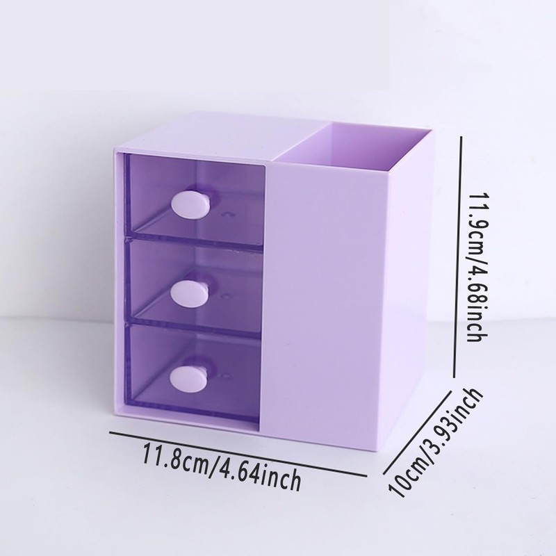 AIMALL 3-Drawer Pen Organizer, Multi-Purpose Purple Storage Box, Plastic Cosmetic