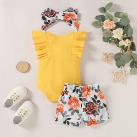 Baby Girl Clothes Infant Summer Outfits Set Ruffle Sleeve Romper Floral Pants 3PCS Bodysuit +Shorts +Headband (Yellow, 6-12 Months)