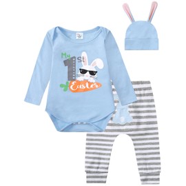 MOMBEBE COSLAND Baby Boy My First Easter Outfit Infant Rabbit 3PC Pant Set, Blue, 3-6 Months