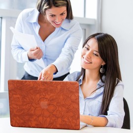 DTangLsm Compatible with MacBook Air 13 inch Case 2022 2021-2018 Release M1 A2337 A2179 A1932 Touch ID, Elegant Leather Hard Shell Cover Embossed Floral Case & Keyboard Cover for Women, Saddle Brown