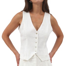 Amazhiyu Womens Pure Linen Sleeveless Button Down Crop Top V Neck Waistcoat Vest White, Small