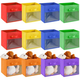 Marsui 12 Pcs Collapsible Cube Storage Bin with Window Daycare Storage Organizer Bins with Handle Fabric Storage Bins for Kid Room Nursery Playroom(Red, Orange, Yellow, Green, Blue, Purple, Solid)