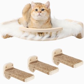COOLEX Cat Wall Shelves, Cat Shelves and Perches for Wall, Corner Cat Shelf with 3 Steps Scratch Post, Cat Bed Hammock with Plush Covered, Climbing Shelf for Indoor Cats (Wood)