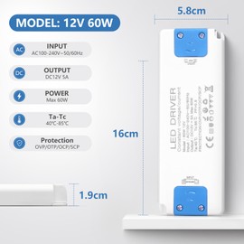 SUCIKORIO LED Power Supply 12 V 60 W 5 A Transformer LED Transformer 230 V to 12 V Slim Constant Voltage LED Driver Power Supply 12 V Ultra Thin Low Voltage Transformer for LED Halogen, LED Strips