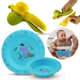 6PCs George Pig Dinnerware Set for Children, Baby Food Pouch Maker - Plate Bowl Breakfast Lunch Dinner Set for Kids 6+Months, Portable Food Masher BPA Free
