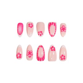 SINHOT Pink Flower Press on Nails - Medium Almond Fake Nails Glossy Glue on Nails Acrylic Pink Ombre Stiletto Artificial Nail Art White French Tip Stick on False Nails with Design DIY 24 pcs