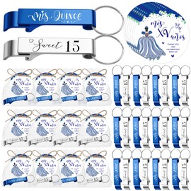 Dandat 50 Sets Quinceanera Party Favors for Guests 15 Years Old Bottle Opener Keychain Organza Bags Thank You Cards with Rope Quinceanera Gift for 15 Party Guests(Blue,Silver)