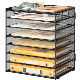 Lavatino 8 Tier Paper Organizer for Desk, Black Mesh Letter Tray File Sorter Organizers with Handles, Include 5 Pcs Adjustable Slid Tray for Office School Classroom Supplies Organization and Storage