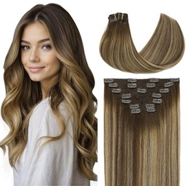 VINBAO Remy Clip in Hair Extensions Real Human Hair, 16inch 140g 7Pcs, 4/27/4 Balayage Chocolate Brown to Caramel Blonde, Hair Extensions Clip in for Women (#HC4274,16'')
