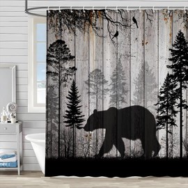 Fall Bear Shower Curtain Rustic Lodge Cabin Wildlife Pine Tree Autumn Forest Wild Animal Hunting Adventure Camping Country Farmhouse Vintage Abstract Polyester Bathroom Decor Set with Hook 70Wx70H in