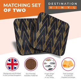 2 x MDF Glossy Top Coasters Square - Black & Gold Geometric Art Deco 12545