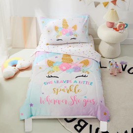 PINNKKU 4-Piece Toddler Bedding Set, Bed-in-a-Bag Comforter Set, Includes 1 Flat Sheet, 1 Fitted Sheet, 1 Comforter and 1 Reversible Pillowcase, Standard Toddler Comforter & Sheet Set, Unicorn