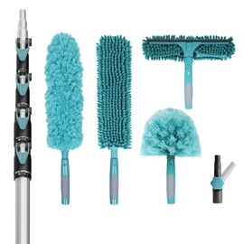 TelesPro 36 Foot High Reach Duster Kit with 7-30FT Extension Pole High Ceiling Dusting and Window Cleaning Kit with Telescopic Pole Window Washer&Squeegee,Cobweb Duster,Fan Duster and Feather Duster