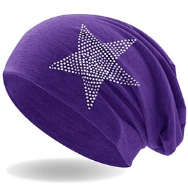 Hatstar Rhinestone Star Women's Beanie Hat, Elastic Slouch Long Beanie Girls Hat with Elegant Rhinestone Appliqué, Light and Soft - purple