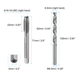 sourcing map Tap & Drill Bit Set, 1pcs 5/16-18 UNC Straight Flute Thread Taps and 1pcs 6.5mm Twist Drill Bits, HSS6542 Screw Tapping Threading Tools