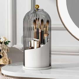 Organizador de Maquillaje Giratorio 360 Grados, Porta Brochas con Tapa Porta Cepillo de Dientes Baño a Prueba de Polvo, Organizador de Tocador Mujer con 3 Ranuras para Cosméticos y Skincare