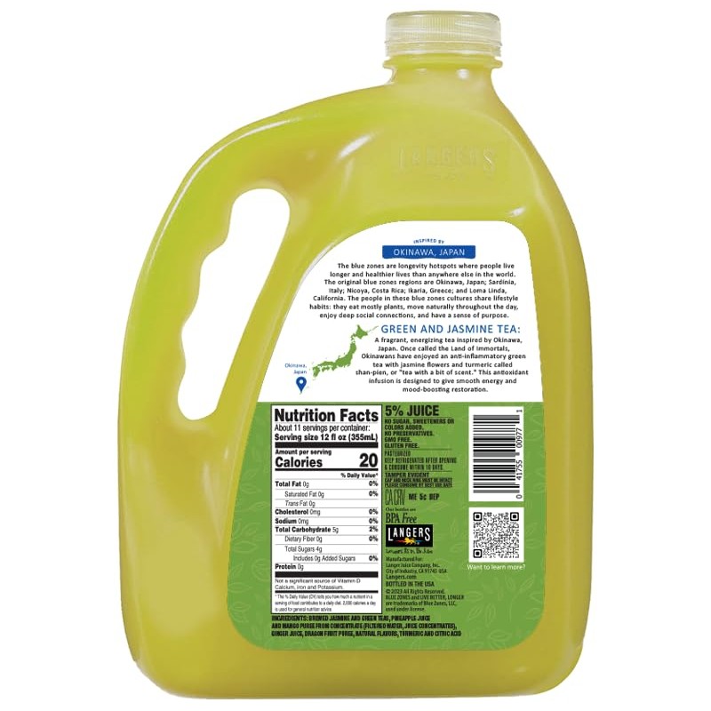 Langers Blue Zones Inspired Unsweetened Tea, Green & Jasmine Tea,
