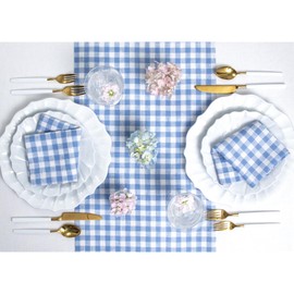 Solino Home Gingham Check Linen Table Runner 48 Inch - 100% Pure Linen Hydrangea Blue Plaid Table Runner 14 x 48 Inch Ideal for Dresser and Coffee Tables - Spring, Mothers Day, Easter Decorations