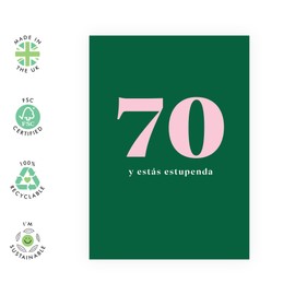 Tarjetas de 70 cumpleaños para mujeres, abuelas, abuelas, tías - Setenta y fabulosas - Regalos de 70 cumpleaños para mujeres - Diseño minimalista moderno verde - Incluye pegatinas divertidas