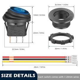 Waterproof Round Rocker Switch, Waterproof Toggle Switch, 6 Pack Toggle Switch, Rocker Switch, with 3 Pack Shell and 18 Pack Terminal Wire for 12v Switch, Marine, Car, Car, Rv, Truck, SUV