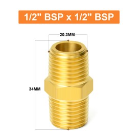 GASHER 5PC Brass Pipe Fitting, Reducing Hex Nipple, 1/2-Inch Male BSP x 1/2-Inch Male BSP