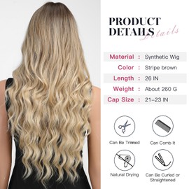 YOUGRACE Blonde Wig with Bangs Long Wavy Ombre Wigs for Women 26 Inch Curly Blonde Wigs with Dark Root Synthetic Heat Resistant Wigs for Daily Party Use