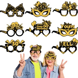 Eaguecros 16pcs 50th Birthday Glasses Decorations for Men Women, Black Gold 50th Paper Eyeglasses Birthday Sunglasses 50th Birthday Photo Props, 50th Birthday Party Favors