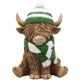 Happy Highland Cow Ornament – Green & White Football Scarf & Hat, Perfect for Celtic F.C. & Connacht Rugby Fans, Durable Resin with Protective Base, 12cm Gift-Ready Figurine