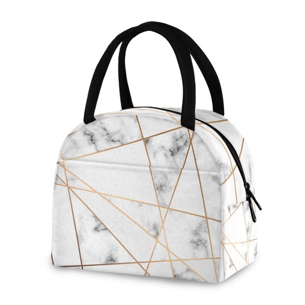 AUUXVA Lunch Bag Geometric Gold Lines Marble Print, Lunch Box Insulated Tote Bags with Handle, Reusable Cooler Ice Pack Handbag for Women Men Boys Girls