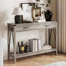 ChooChoo 47'' Farmhouse Console Table with Drawer, Entryway Table with Storage Shelf, Rustic A-Design Sofa Table for Hallway, Entrance, Living Room, Grey