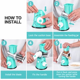 Rotary Cheese Grater for Everyday Food Prep – 3 Interchangeable Blades and Hand Crank with Suction Base for Home Kitchens