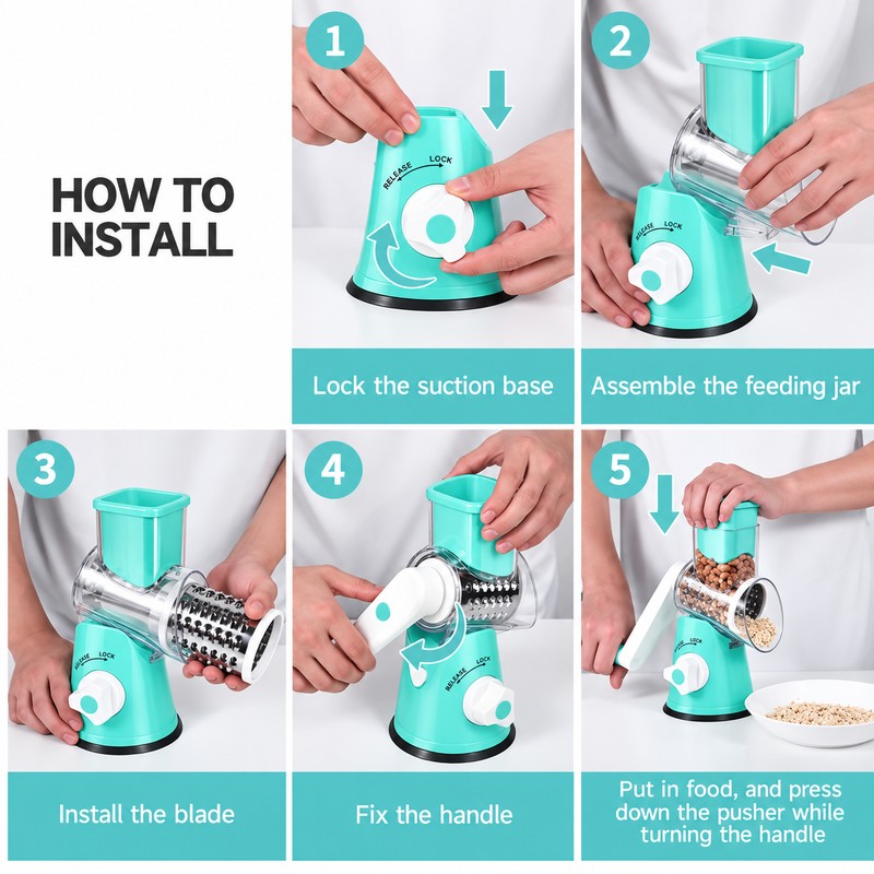 Rotary Cheese Grater for Everyday Food Prep – 3 Interchangeable