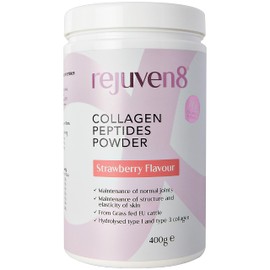 Rejuven8 Collagen Peptides Powder - 400g Strawberry Flavour - 26g of Collagen and 24g of Protein Per Serving - Grass Fed Bovine Collagen Powder for Women & Men - Protein Collagen Powder